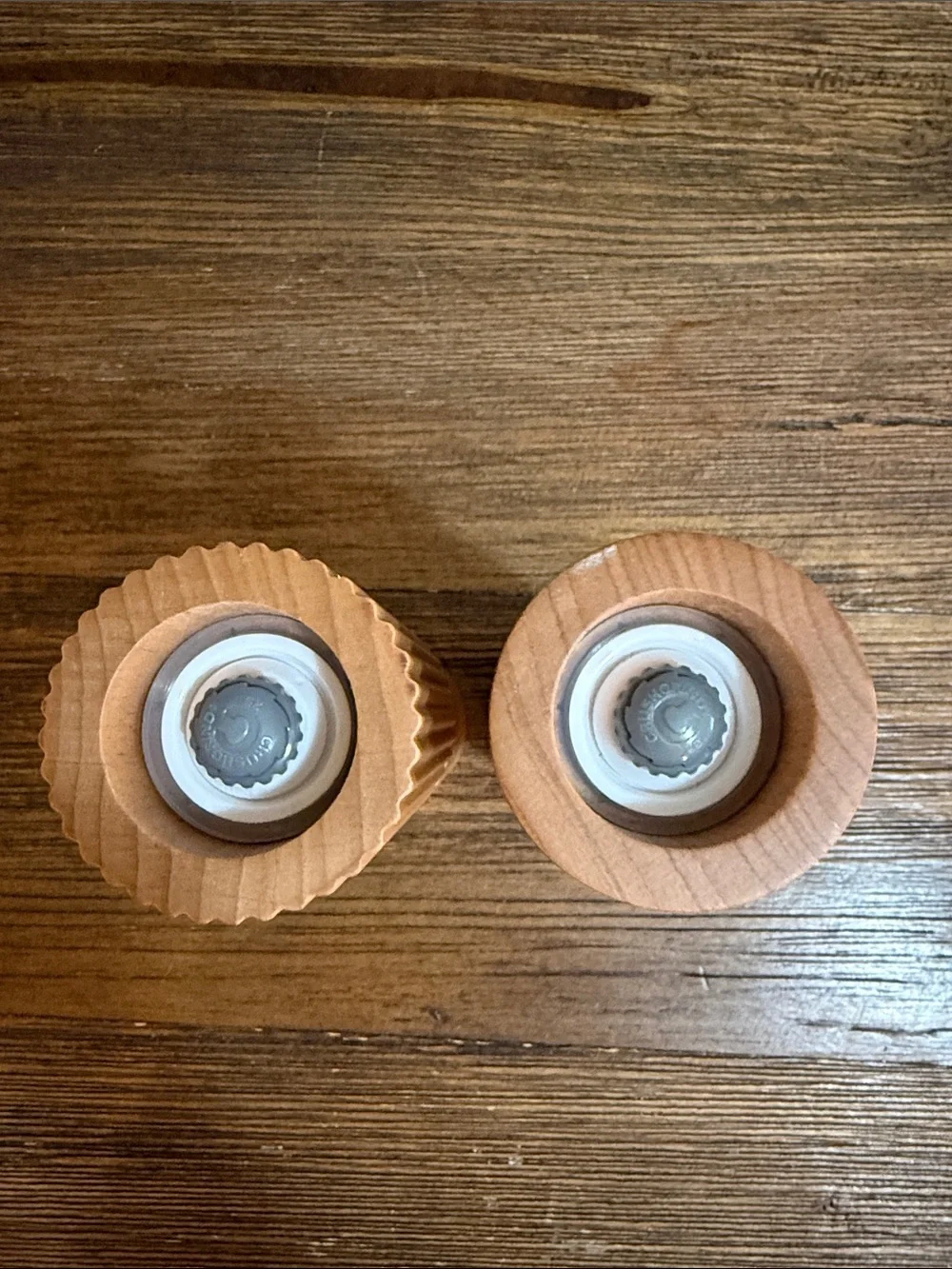 Crate&Barrel Ribbed Hanno fluted Natural Wood Salt & Pepper Mills - Tan